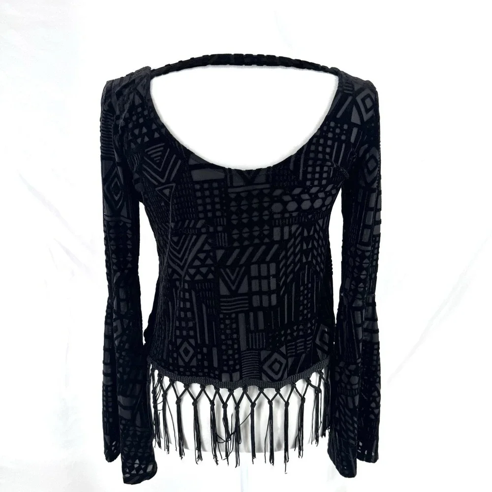 Velvet Burnout Fringe Mesh Top S Whimsigoth Indie Festival Bell Sleeve Witchy - Picture 3 of 4